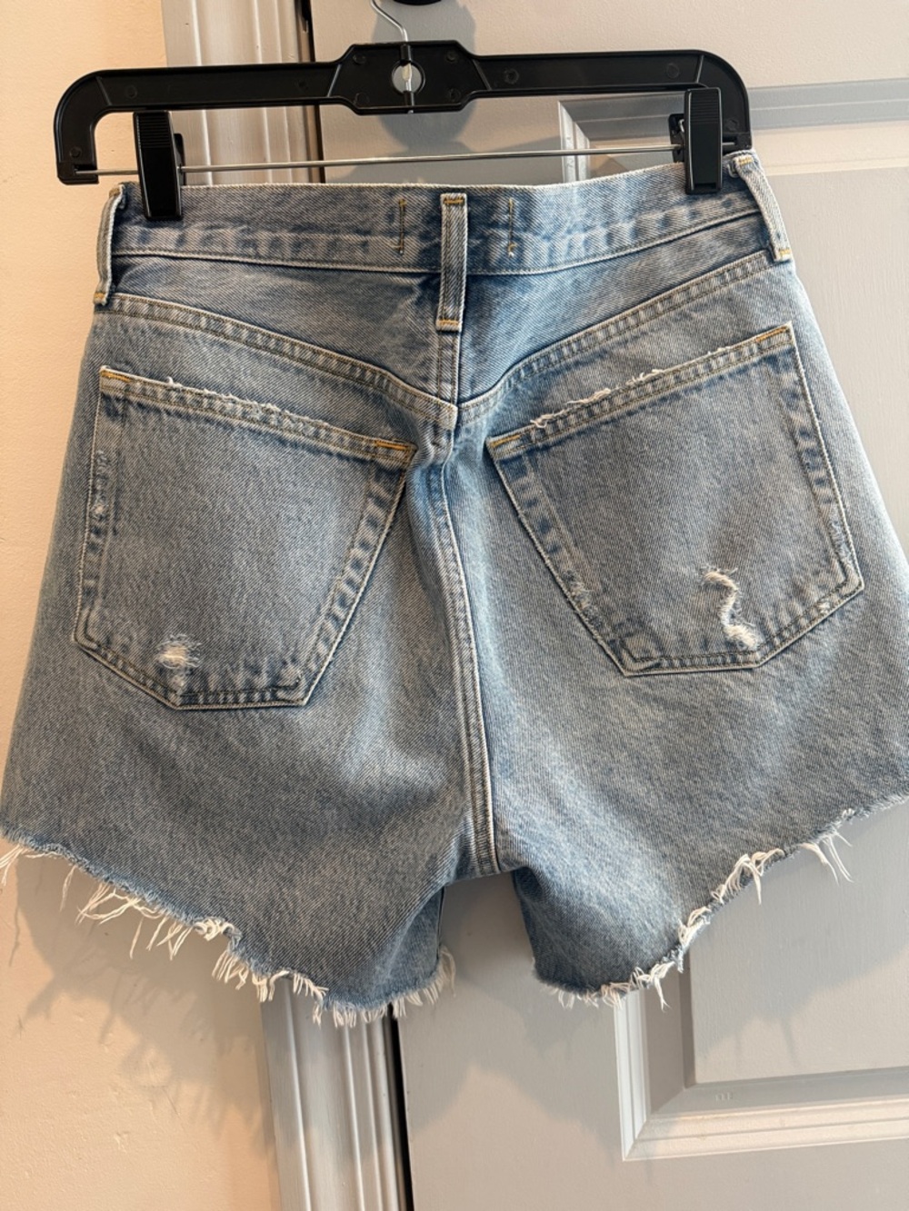 AGOLDE Parker Long Light Blue Distressed High-Rise Denim Cutoff Shorts - Picture 4 of 5
